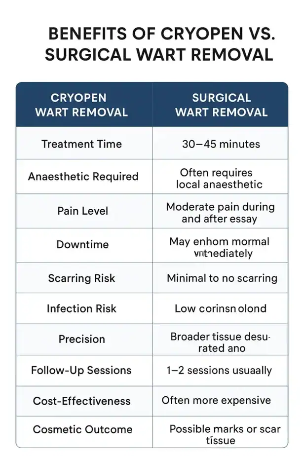 Table showing the benefits of cryopen to remove warts Gainsborough compared to surgical treatment